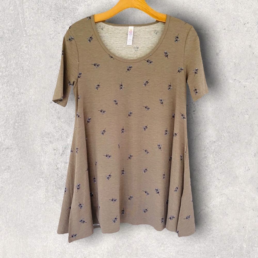 LulaRoe Perfect Swing Tee Taupe Tan Navy Blue Tiny Flowers Size XXS Neutrals